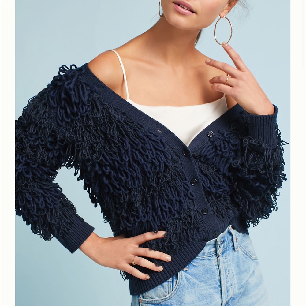 Anthropologie Navy Fringe Cardigan